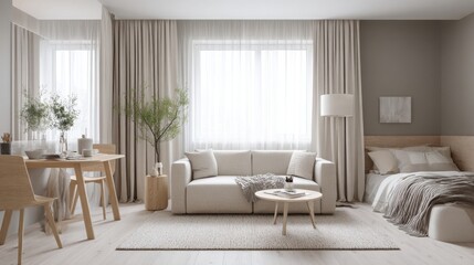 Fototapeta premium modern studio apartment interior, neutral tones, light wood furniture, beige curtains, textured linen rug