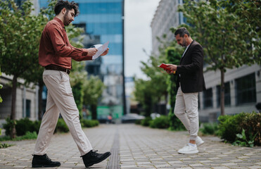 Two men in a city street are seen walking and reading, one holding documents and the other a book....
