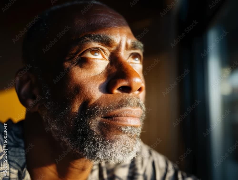 Aufkleber man enjoys sunlight streaming through window while reflecting quietly in serene indoor space