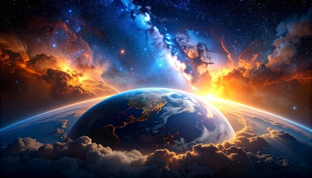 Earth in front of a nebula region lit by twin stars, orange blue double light casting - Powered by Adobe