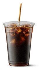 Iced black coffee in takeaway cup, straw upright, isolated for use in digital menu or packaging, transparent background, vertical aspect with clean composition