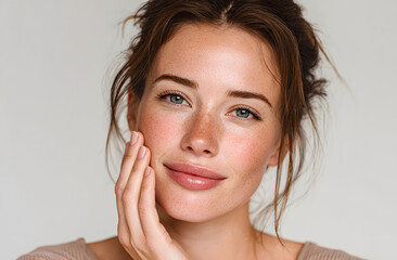 Young woman touching face skin with fingers, performs rejuvenating facial massage. Face skin care, beauty treatment, cosmetic procedure. Close-up portrait of attractive female model, clean natural