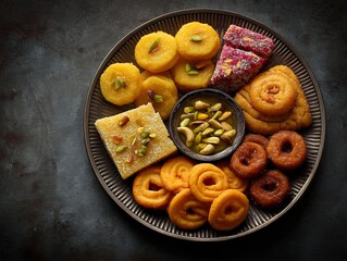 Traditional Indian sweets platter barfi laddoo jalebi and peda festive dessert spread vibrant colors top view cultural food