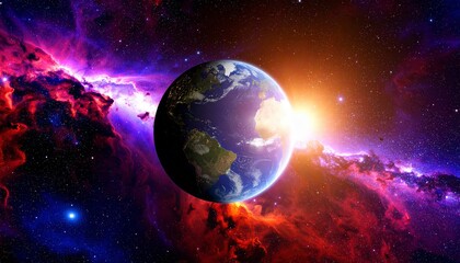Obraz premium Earth partially emerging from behind a bright purple red nebula wall