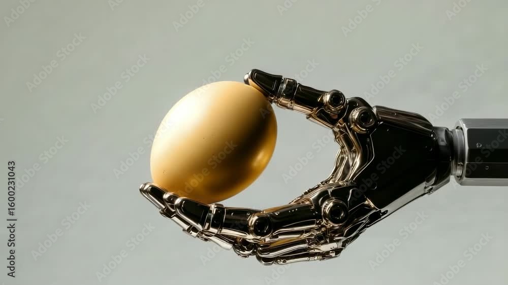 Aufkleber robot hand delicately holds a shiny golden egg showcasing advanced technology and innovation in robo