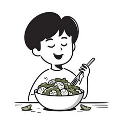 A boy is eating a salad with a fork