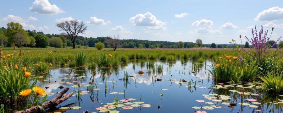 wetland biodiversity showing species filtering and detoxifying water supporting ecosystem services and human health