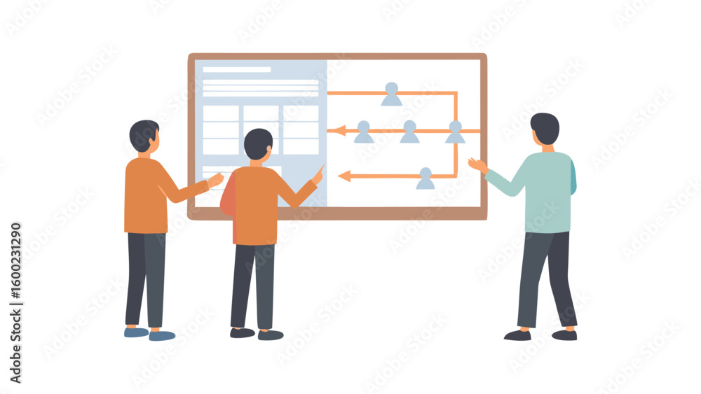 Poster three people standing in front of a board with a chart and flowchart diagram displayed on it