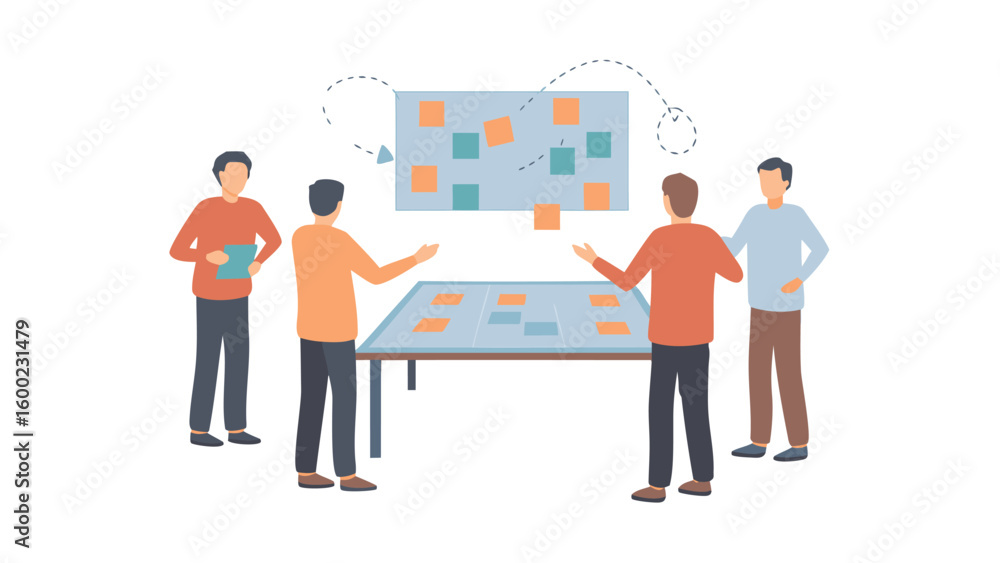 Poster group of people brainstorming and collaborating with sticky notes on a board and table setting