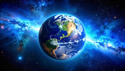 Fototapeta premium Earth seen from orbit with intense cyan blue nebula exploding in background