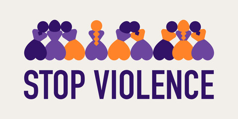 stop violence banner of women sit side by side and take care of each other. Back view of female silhouettes for women's day. Sisterhood and community for girls. Vector horizontal abstract illustration