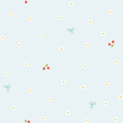 Daisy floral seamless vector pattern with daisies, cherries and bow in simple hand drawn cartoon kawaii style. Pastel palette, cute soft blue background. Ideal for printing baby textiles, clothes.
