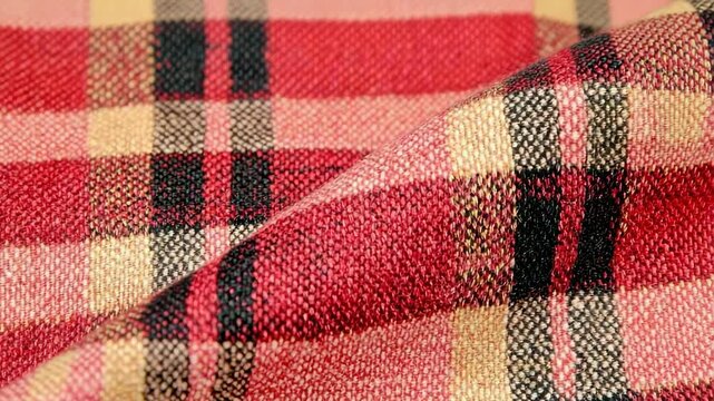 Exploration of vibrant red plaid fabric showcasing texture and pattern in close-up detail