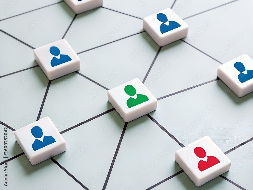 Poster interconnected people network with color-coded icons and grid links on white surface