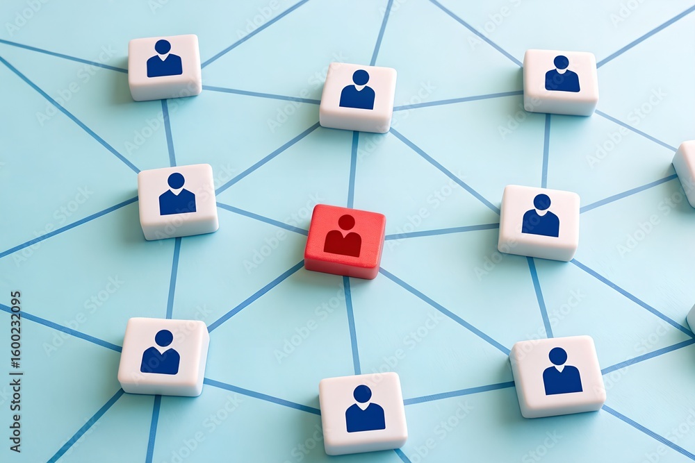 Poster interconnected people network with color-coded icons and grid links on blue surface