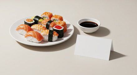 Sushi and rolls set with soy sauce with white card on the table