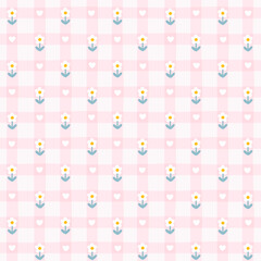 Gingham seamless vector pattern with meadow chamomile flowers. Tartan check for tablecloths, napkins, clothes, packaging, for the Easter holiday. Cozy cute childish background in a pastel palette.