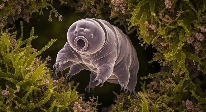 Close up of a tardigrade or water bear among green algae and debris in a microscopic view image