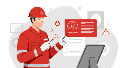 Construction worker examining equipment on digital interface