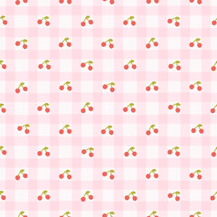 Preppy small cherry seamless pattern on a pink checkered background. Vector cute cartoon hand-drawn illustration. Ideal for printing, baby clothes, wallpaper, packaging, scrapbooking.