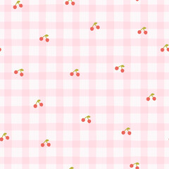 Preppy small cherry seamless pattern on a pink checkered background. Vector cute cartoon hand-drawn illustration. Ideal for printing, baby clothes, wallpaper, packaging, scrapbooking.