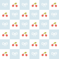 Preppy flirty cherries with bow in frame seamless pattern on a cell background. Vector cute cartoon hand-drawn illustration. Tartan check for textile, baby clothes, wallpaper, scrubbing