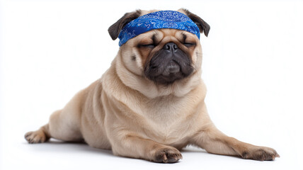 Obraz premium This Pug wearing a bandana enjoys a yoga pose, embodying the spirit of relaxation and wellness.