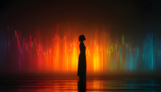 Silhouette woman stands before futuristic backdrop of financial data streams. Stock market charts, representing trading, investment, digital analysis, business