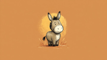 Cute, simple, happy cartoon donkey portait on a warm light brown background. 