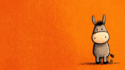Cute, simple, happy cartoon donkey portait on a warm light brown background. 
