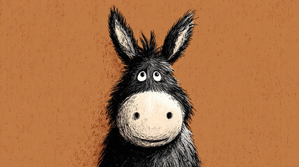 Cute, simple, happy cartoon donkey portait on a warm light brown background. 