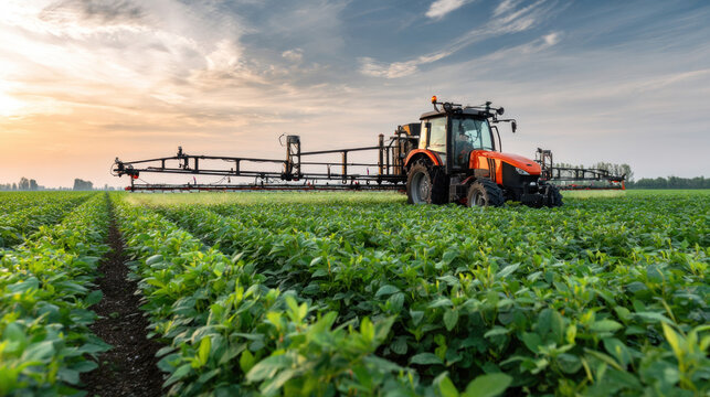 Modern tractor with high-tech spraying arms moving through lush green soybean field, precision agriculture concept, clean sky and flat farmland landscape