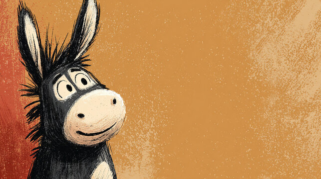 Cute, simple, happy cartoon donkey portait on a warm light brown background. 