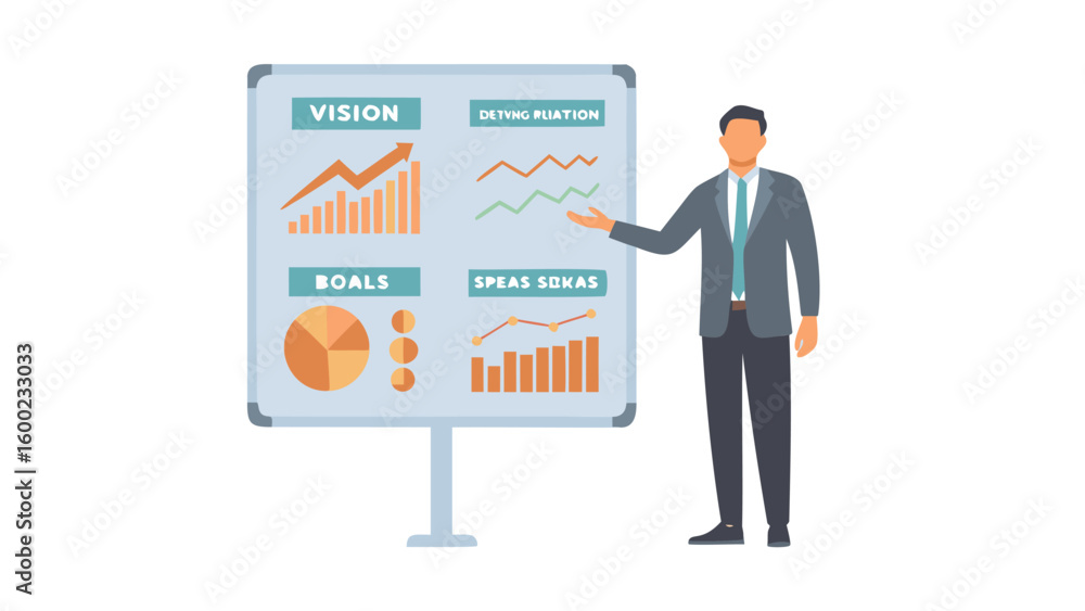 Poster a man presenting a whiteboard with charts and graphs showing vision goals and performance metrics da