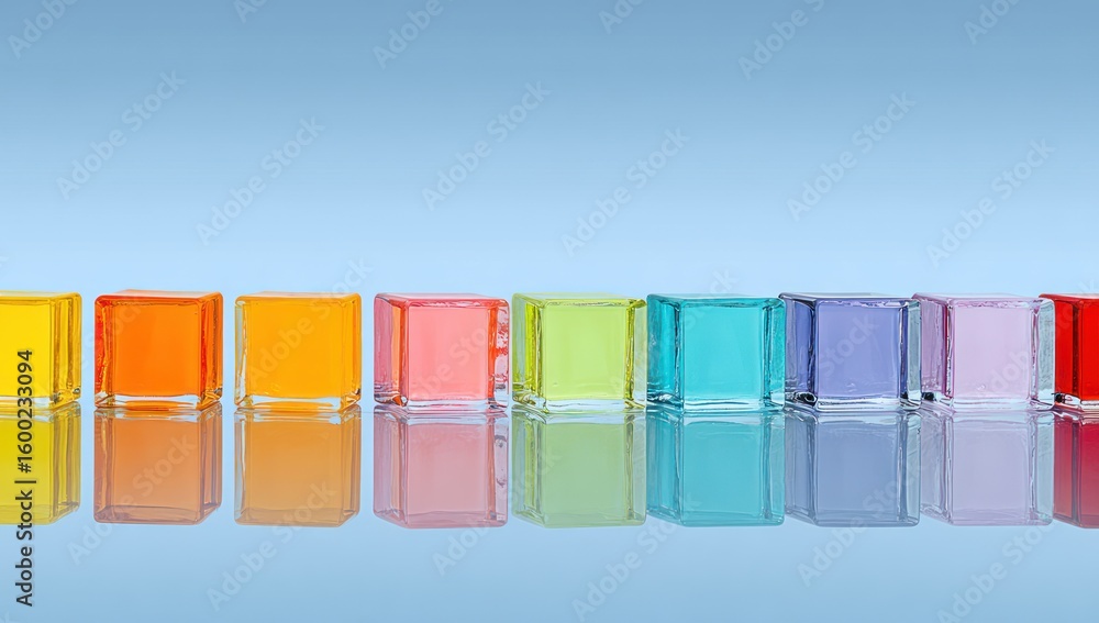 Poster transparent colored cubes arranged in a horizontal row.