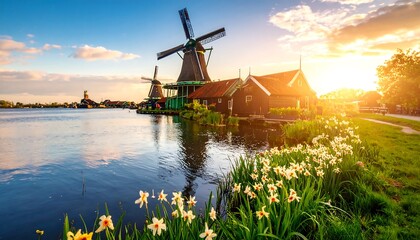Dutch windmills at sunset reflected in water