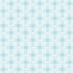 Preppy bow seamless pattern on a blue checkered background. Vector cute cartoon hand drawn illustration. Ideal for textile printing, baby clothes, wallpaper, packaging, notebooks, scrapbooking.