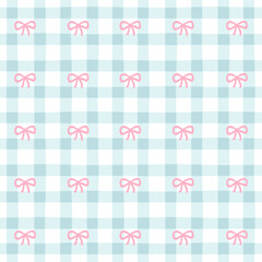 Preppy bow seamless pattern on a blue checkered background. Vector cute cartoon hand drawn illustration. Ideal for textile printing, baby clothes, wallpaper, packaging, notebooks, scrapbooking.