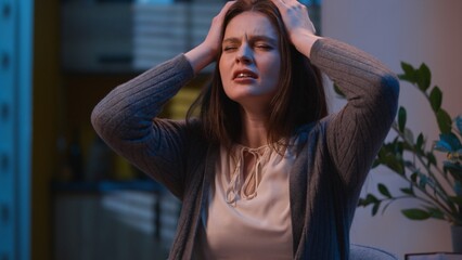 Stressed angry furious woman Caucasian crazy insane sad girl at night evening home apartment...