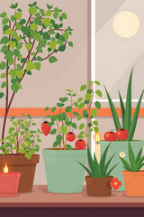 vibrant illustration showcases indoor plants thriving in pots, with lush green foliage, ripe red tomatoes, & subtle candlelight, creating a serene & cozy home gardening ambiance by a sunlit window.