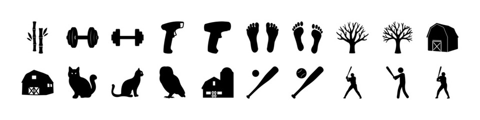 Silhouette Icon Set – Farm Life, Animals, Fitness, Tools & Nature Elements - A versatile black silhouette icon set featuring a wide range of thematic elements including bamboo stalks, dumbbells,