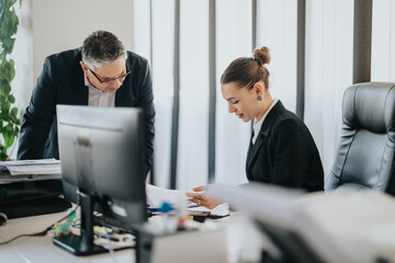 Two business people discuss documents at a modern, organized office, showcasing teamwork and...