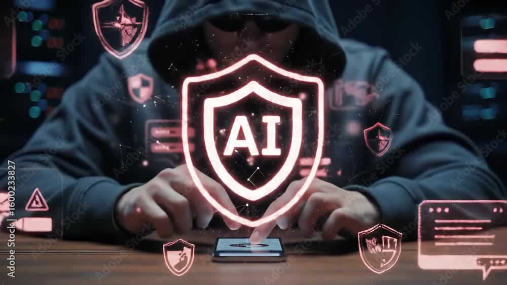 Poster cybersecurity hacker using smartphone with ai shield icon, digital security symbols, technology thre