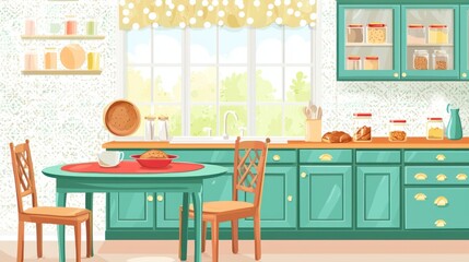 Obraz premium A cozy, teal-colored kitchen with a round table and chairs.
