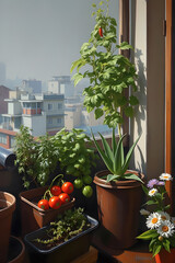 A thriving home garden occupies a sunny balcony, with various potted plants showcasing fresh tomatoes, herbs, and flowers against a backdrop of urban buildings, illustrating a vibrant connection