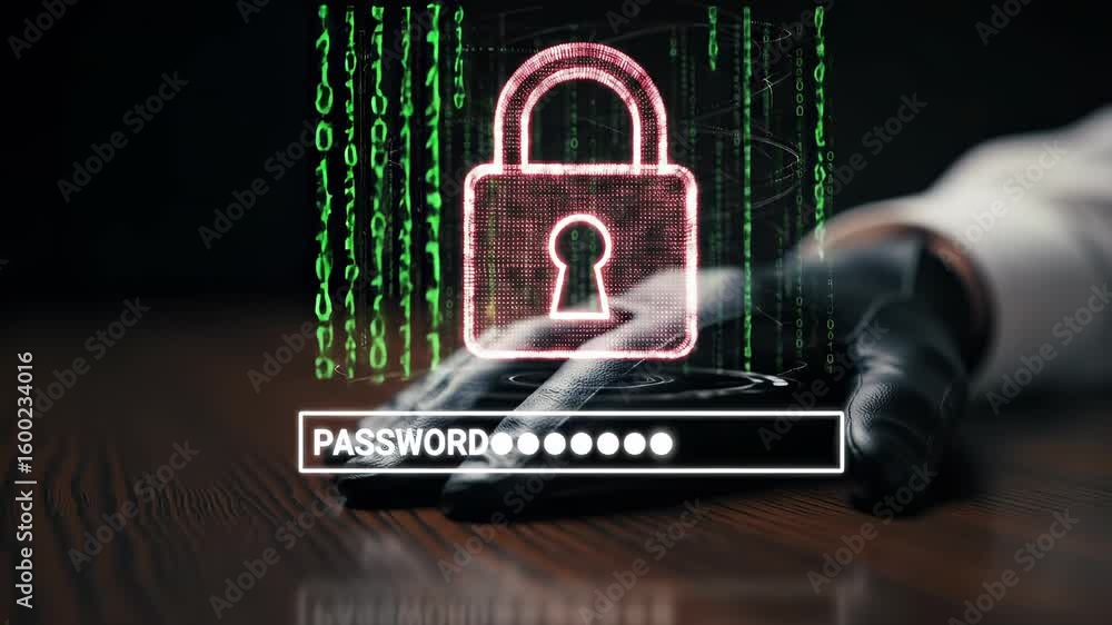 Poster password security and cyber protection with digital padlock, binary code, gloved hand, hacking risk,