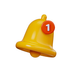 Yellow 3D notification bell, 1 new notification. Social media notification icon, new messages, app notifications, reminders or subscription alerts.