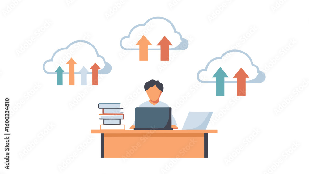Aufkleber person working at a desk with laptop and books and cloud computing icons above on a white background