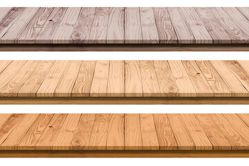 Empty perspective brown wooden board mock up display as counter bar or table top on islated white...