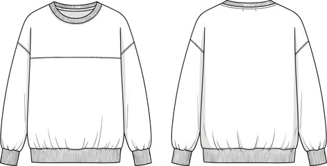 Flat CAD drawing vector illustration of long sleeve crewneck sweatshirt with ribbed cuffs and hem, technical fashion design sketch © Biplob Creatives